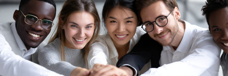 A group of people are smiling and holding hands in a circle. Scene is happy and friendlyの素材