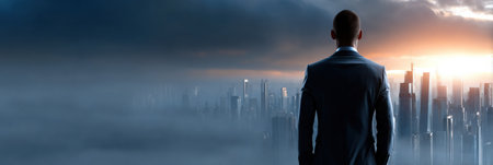 A man in a suit is looking out over a city skyline. The sky is cloudy and the sun is setting, creating a moody atmosphere. The man's gaze is focused on the horizonの素材