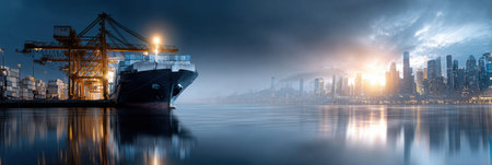 A large ship is docked at a port in a city. The sky is cloudy and the water is calmの素材