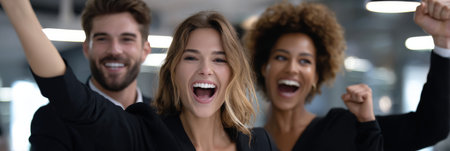 Three people are smiling and celebrating together. They are all dressed in business attire. The woman in the middle is the tallest and has blonde hair. The man on the left is smilingの素材
