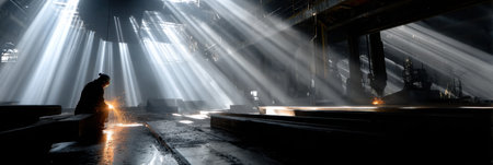 A man is sitting in a dark room with a light shining on him. The room is empty and the man is the only person in it. Scene is somber and lonelyの素材