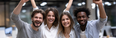 A group of people are smiling and holding hands, with one of them wearing a necklace. Scene is happy and friendlyの素材