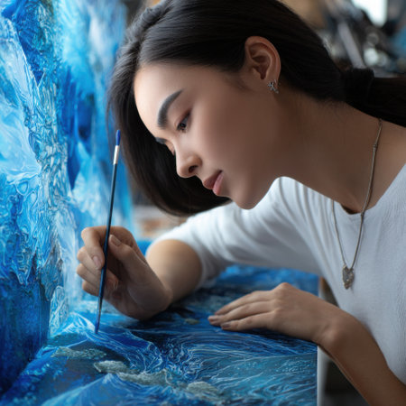 A woman is painting a blue picture. She is using a brush and is focused on her workの素材