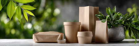 A collection of paper products, including bags, cups, and bowls, are displayed on a table. Concept of eco-friendliness and sustainability, as these products are made from recycled materialsの素材