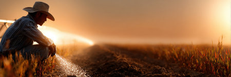 A man in a cowboy hat is watering a field. The sun is setting in the background, casting a warm glow over the scene. The man is taking a break from his work, enjoying the peaceful momentの素材