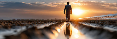 A man is walking in a field with a sunset in the background. The sky is filled with clouds, and the sun is setting, casting a warm glow over the sceneの素材