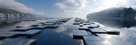 A large body of water with a lot of ice floating on it. The water is calm and the sky is cloudyの素材