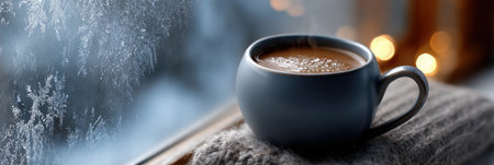 A mug of hot chocolate sits on a blanket by a window. The mug is filled with steam and the blanket is draped over a chair. The scene conveys a cozy and warm atmosphereの素材