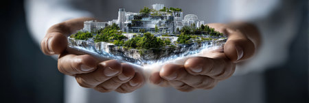A person is holding a small model of a city with a green park in the middle. The city is made of small blocks and the park is surrounded by buildings. Concept of a sustainableの素材