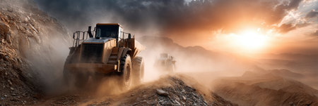 A large truck is driving through a dusty, rocky area. The sun is setting in the background, casting a warm glow over the scene. The truck is surrounded by other vehicles, including a smaller truckの素材