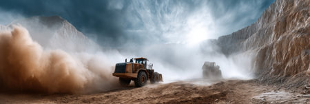 A large truck is driving through a dusty, rocky area. The sky is cloudy and the sun is shining through the cloudsの素材
