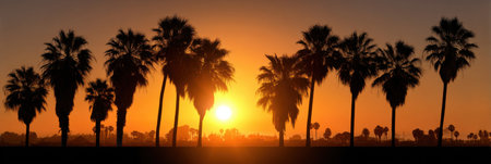 A sunset over a palm tree forest. The sun is setting in the background, casting a warm glow over the trees. The palm trees are tall and slender, with their leaves rustling in the breezeの素材