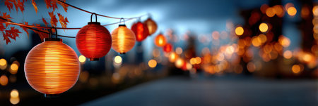 A row of orange lanterns hanging from a tree. The lanterns are lit up and create a warm, inviting atmosphereの素材