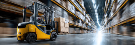 A forklift is driving through a warehouse. The forklift is yellow and black. The warehouse is very large and has many boxesの素材