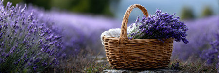 A basket full of lavender flowers is sitting in a field of purple flowers. The basket is brown and woven, and the flowers are purple and fragrant. The scene is peaceful and serene, with the basketの素材