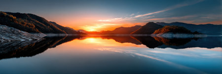 A beautiful sunset over a lake with mountains in the background. The sky is filled with clouds and the sun is setting, creating a warm and peaceful atmosphereの素材