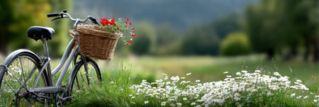 A bicycle with a basket full of flowers is parked in a grassy field. The scene is peaceful and serene, with the flowers adding a touch of color and beauty to the landscapeの素材