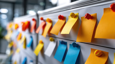 A white board with colorful sticky notes on it. The notes are in various colors and sizes, and they are all pinned to the board. The board appears to be a whiteboard with a corkboard underneathの素材