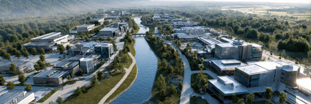 A city with a river running through it. The buildings are tall and there are many people walking aroundの素材