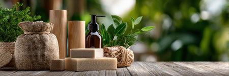 A wooden table with a bunch of items on it, including a bottle of soap, a bottle of lotion, and a bottle of shampoo. The table is surrounded by plants, giving the scene a naturalの素材