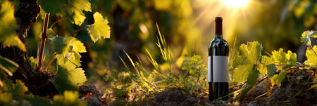A bottle of wine is sitting in a field of green leaves. The bottle is red and has a white label. Concept of relaxation and enjoyment, as the wine is often associated with leisurely activitiesの素材