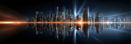 A city skyline is reflected in the water. The reflection is blurry and the city lights are shining brightlyの素材