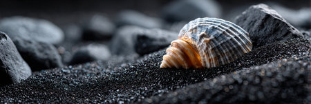A shell is laying on the sand in the dark. The shell is small and has a brown and white colorの素材