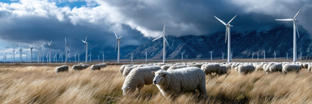 A herd of sheep are grazing in a field next to a wind farm. The sky is cloudy and the wind farm is visible in the backgroundの素材