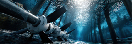 A series of propellers are submerged in water. The propellers are white and black. The water is blueの素材