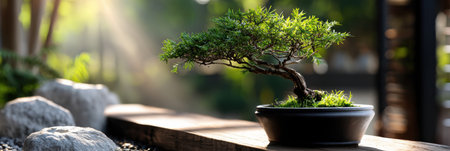 A small bonsai tree is sitting on a ledge next to a rock. The tree is surrounded by grass and he is thriving in its environment. Concept of tranquility and harmonyの素材