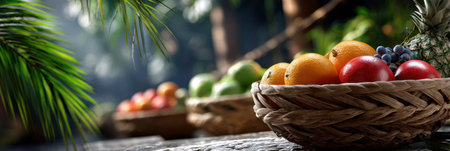 A basket of fruit is displayed on a table. The fruit includes apples, oranges, and grapes. The basket is arranged in a way that highlights the variety of colors and textures of the fruitの素材