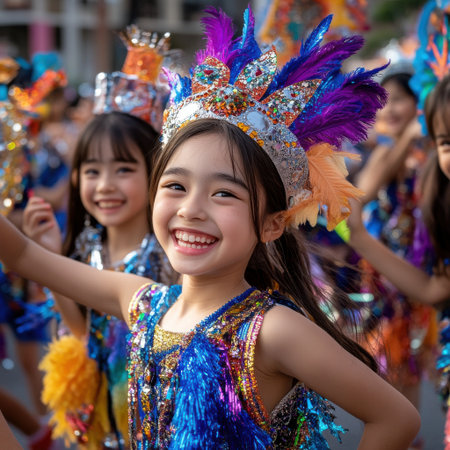 A group of young girls are wearing colorful costumes and smiling for the camera. Scene is joyful and celebratoryの素材