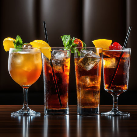 Four different drinks are lined up on a table, each with a straw in it. The drinks include a martini, a cocktail, a soda, and a fruit punch. The table is set for a party or gatheringの素材