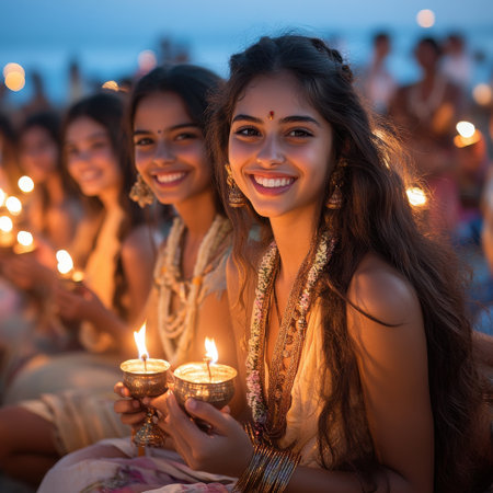 A group of women are smiling and holding candles. Scene is happy and celebratoryの素材