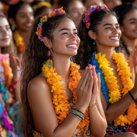 A woman wearing a flower headband and a yellow flower garland is smiling. She is surrounded by other women who are also smiling. Scene is happy and joyfulの素材