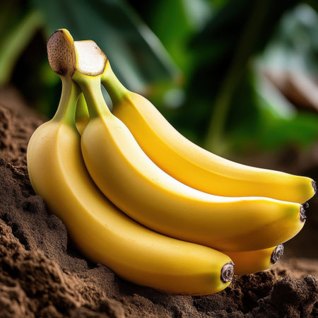 A bunch of bananas are sitting on the ground. The bananas are yellow and are arranged in a rowの素材