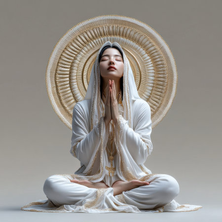 A woman is sitting cross legged in a white robe and praying. The woman is surrounded by a golden circleの素材