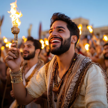 A man is holding a torch and smiling in front of a crowd. Scene is joyful and celebratoryの素材