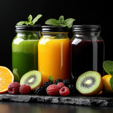 Three different colored drinks in glass jars with fruit on a table. The drinks are orange, green, and blackの素材