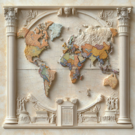 A large, colorful map of the world is framed in a white frame. The map is made of different colored clay and has a 3D effect. The map is surrounded by columns and statuesの素材