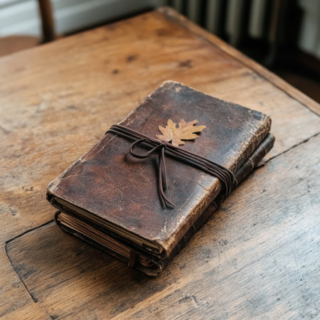 A leather bound book with a leaf on it sits on a wooden table. The book is old and has a rustic appearance. The leaf on the book is brown and he is a maple leafの素材
