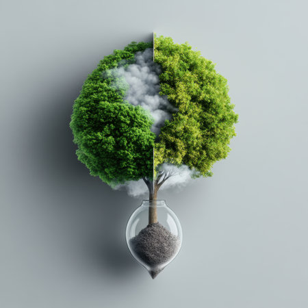 A tree is shown in two halves, one half is green and the other half is brown. The tree is surrounded by a glass container, and the container is filled with dirt. Concept of the importance of treesの素材