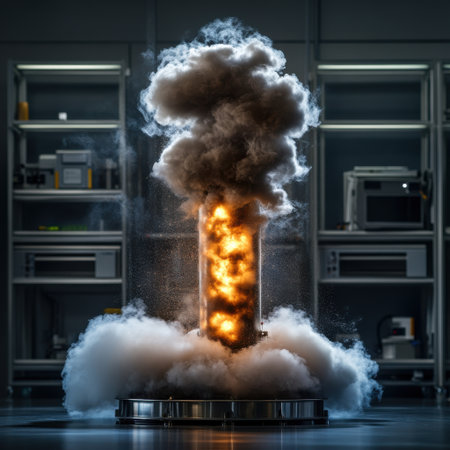 A large, glowing, and billowing cloud of smoke is rising from a small, cylindrical object. The scene is set in a room with shelves and cabinets, giving the impression of a laboratory or workshopの素材