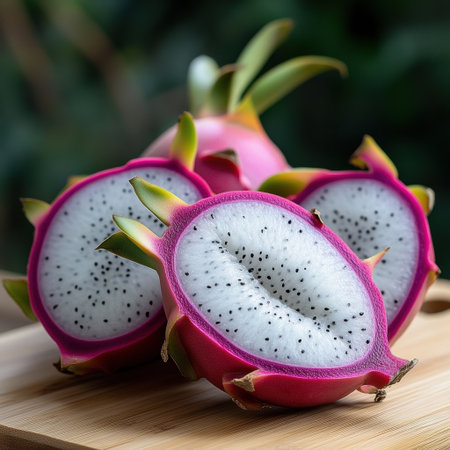 A close up of a dragon fruit with the inside of the fruit exposed. The fruit is cut in half and has a white interior with black seedsの素材
