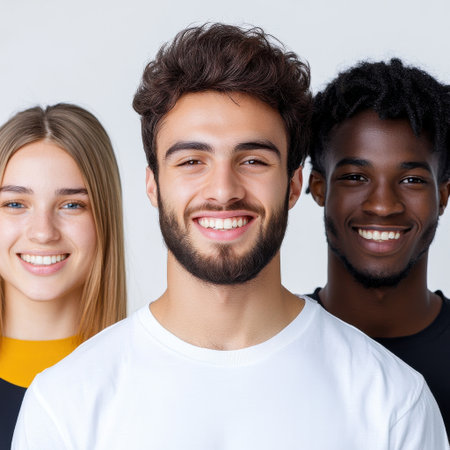 Three people smiling for the camera. One is white, one is black, and one is blondeの素材