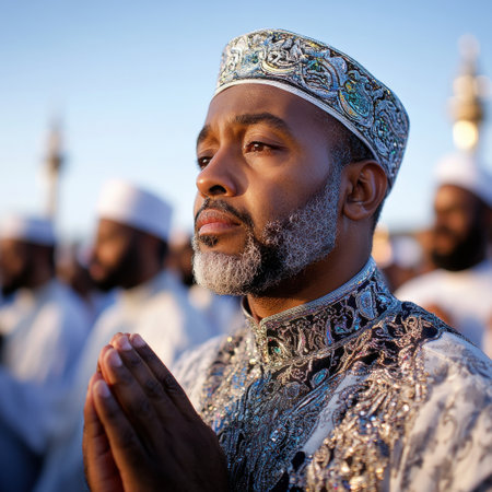 A man in a white robe and a gold and silver hat is praying. The man is surrounded by other people in white robesの素材