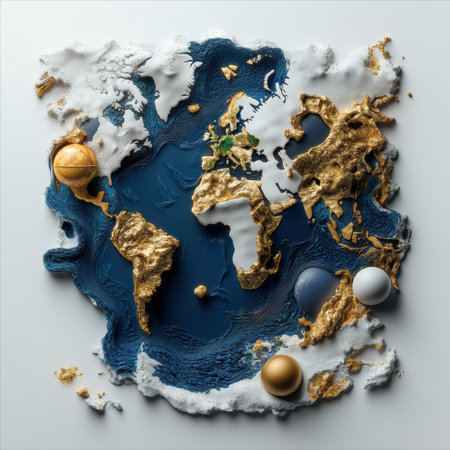 A gold and blue globe with a white background. The globe is made of gold and has a blue ocean surrounding itの素材