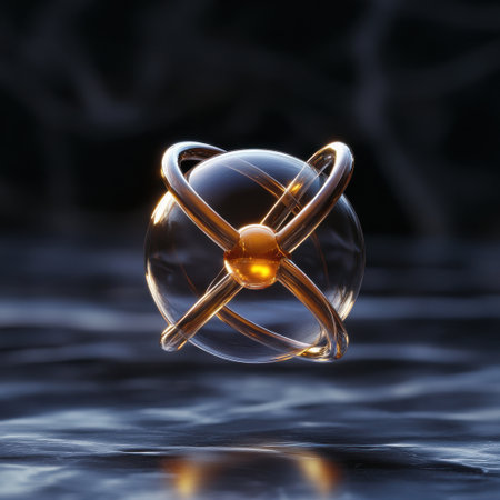A gold and clear sphere with a black background. The sphere is floating in the water. The sphere is a representation of a planet or a starの素材