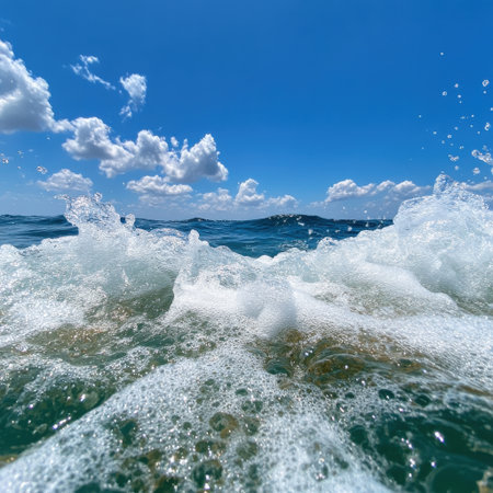 The ocean is full of white foam and the sky is blue. The water is choppy and the waves are crashingの素材