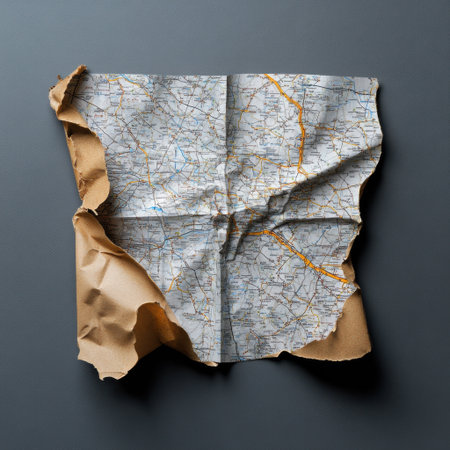 A map is torn in half and is laying on a grey surface. The torn edges of the map give it a sense of disarray and chaos. The map itself is a representation of the world, but the way it is tornの素材